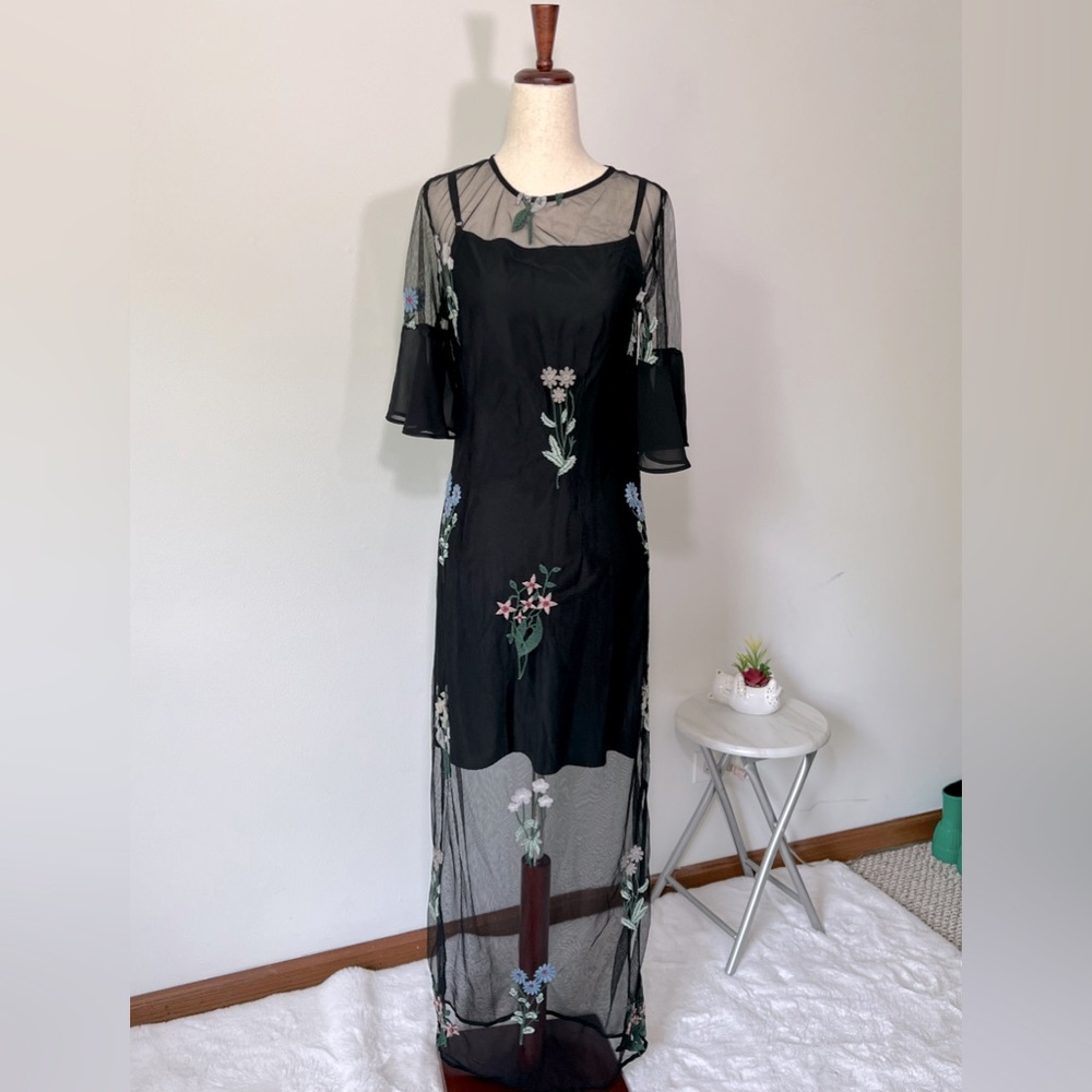 Black Mesh Dress with embroidered flowers, Size M